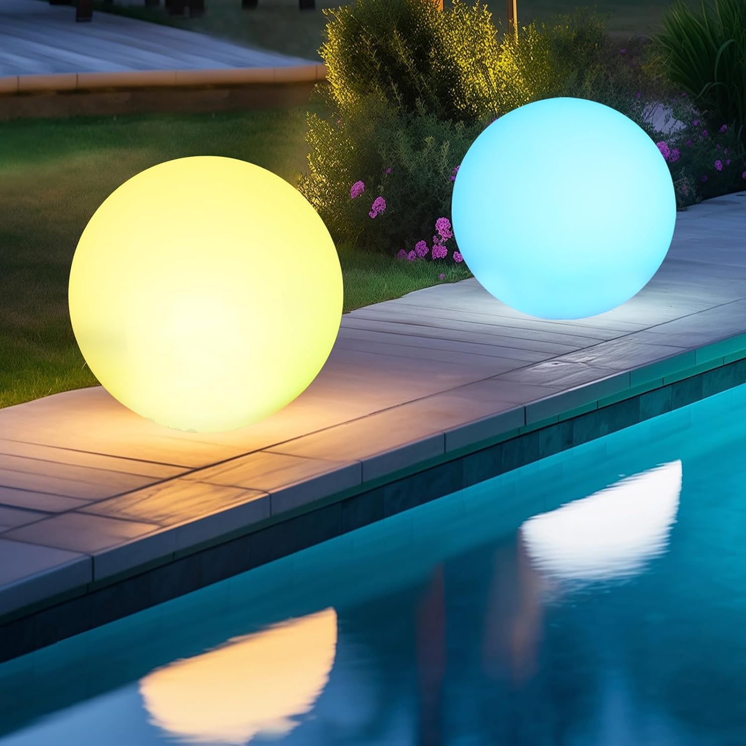 Detalle de 2er-Set: 30 cm RGB Solar-Kugelleuchten mit Fernbedienung, IP66 Außenbeleuchtung für Garten, Teich und Terrasse