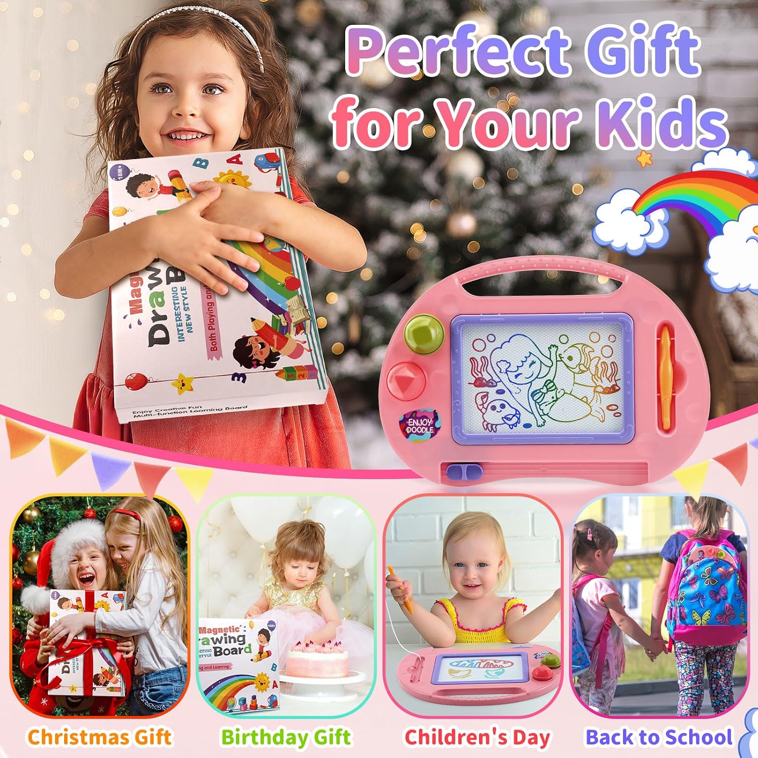 Detalle de BABLOCVID Magnetic Drawing Board for Toddlers, 4-Color Screen, Pink