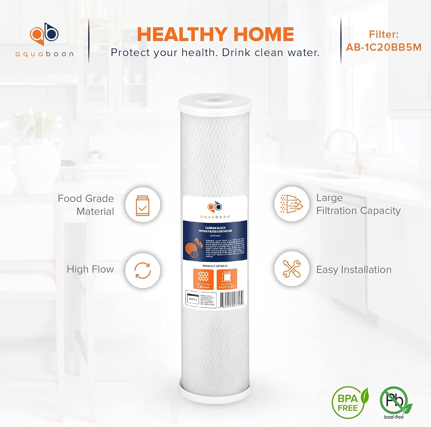 Detalle de Aquaboon 4.5 x 20 inch Carbon Filter Cartridge (5 Micron Coconut Shell CTO) – 2 Pack for Whole-House Water Filtration