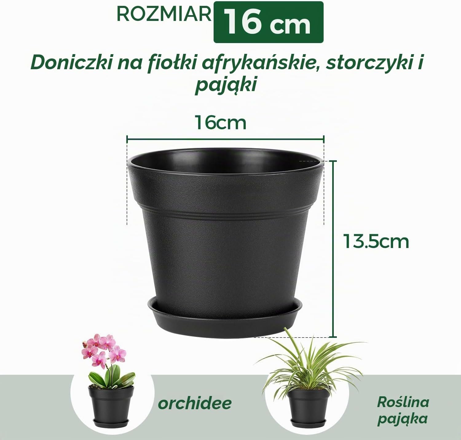 Detalle 2 de T4U czarne doniczki plastikowe 16 cm, 6 sztuk z podstawkami i drenażem
