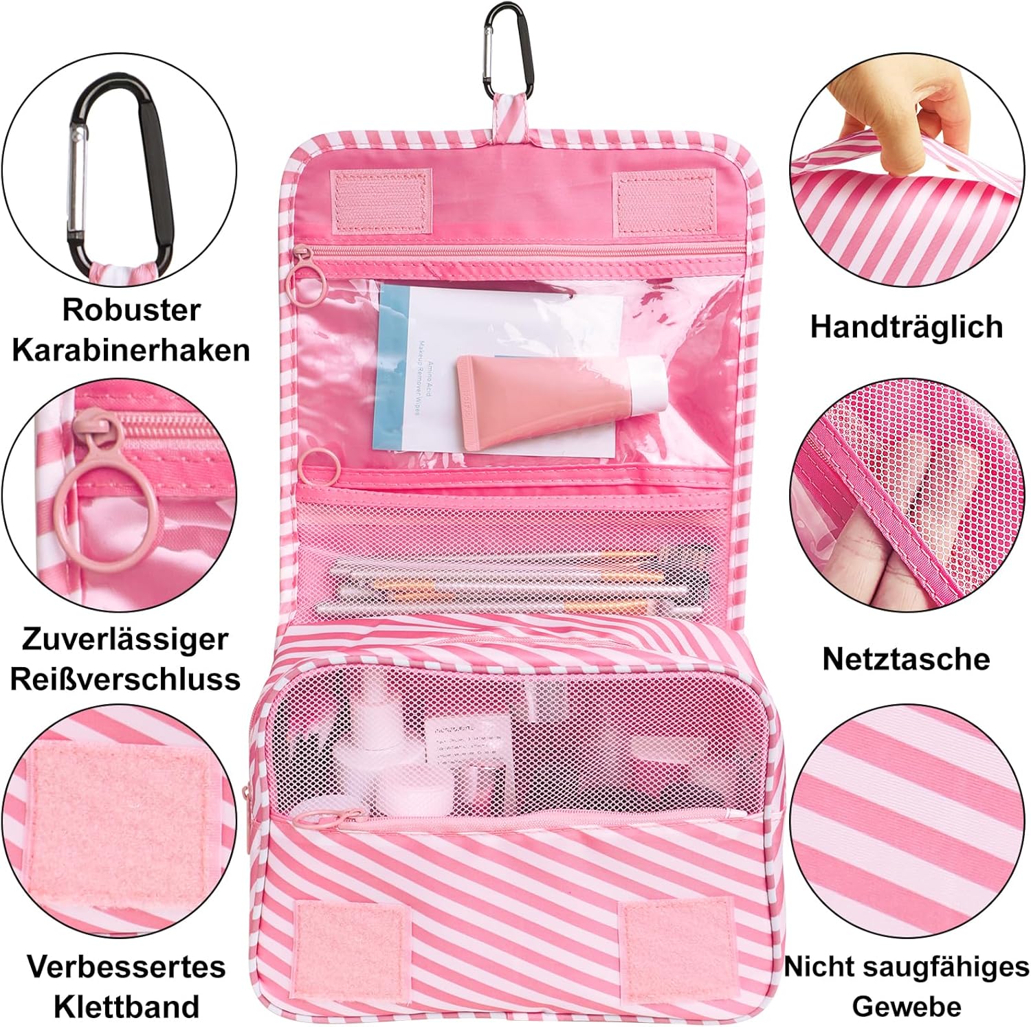 Detalle de Kulturtasche Damen mit Karabinerhaken – Aufhängbare Reisekulturbeutel in Rosa