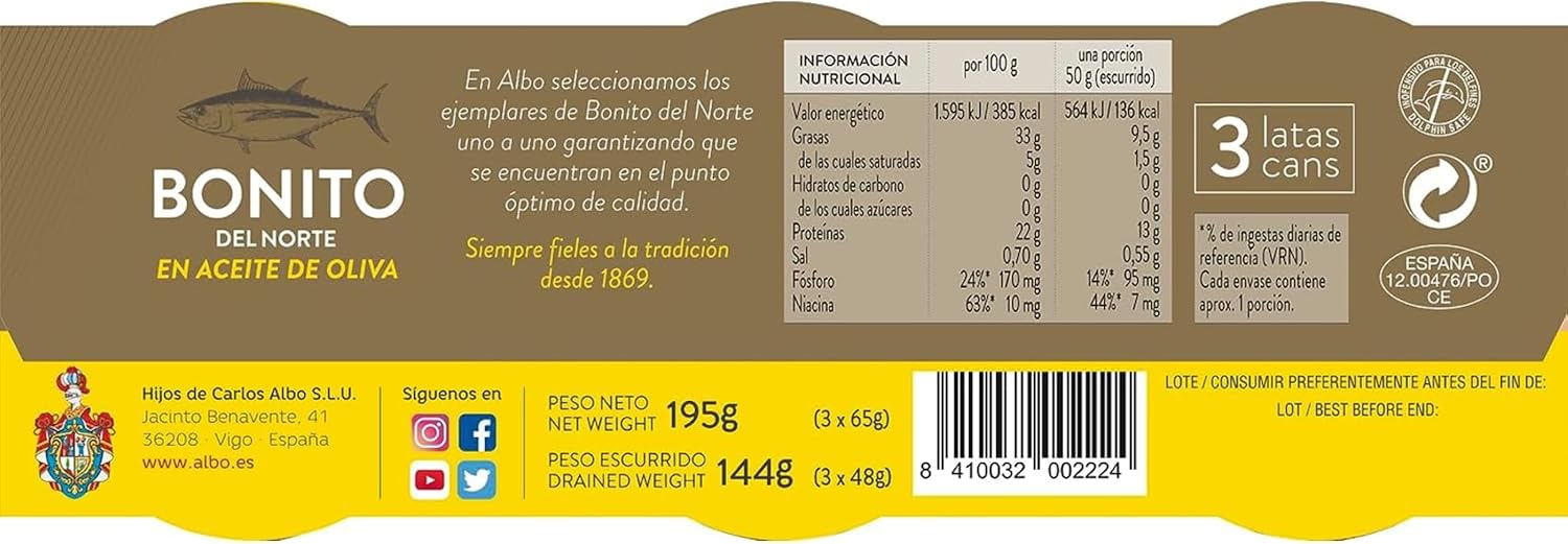 Detalle 2 de Albo Bonito del Norte en Aceite de Oliva 3x65g 🐟