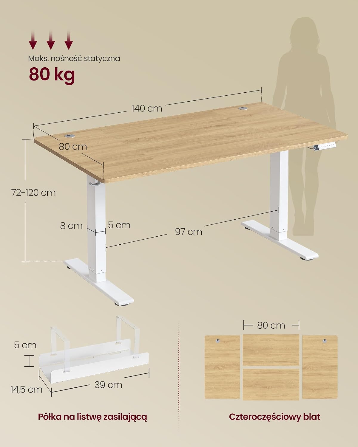 Detalle de VASAGLE BALOK LSD144YA02 – biurko elektryczne 140 × 80 cm z pamięcią i USB-C