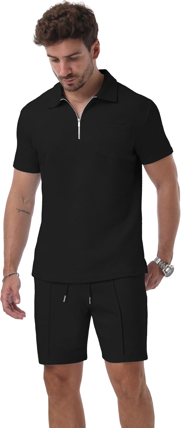 Thumbnail 3 de QIXING men’s shorts and T-shirt set with polo collar and half-zip (2-piece jacquard tracksuit)
