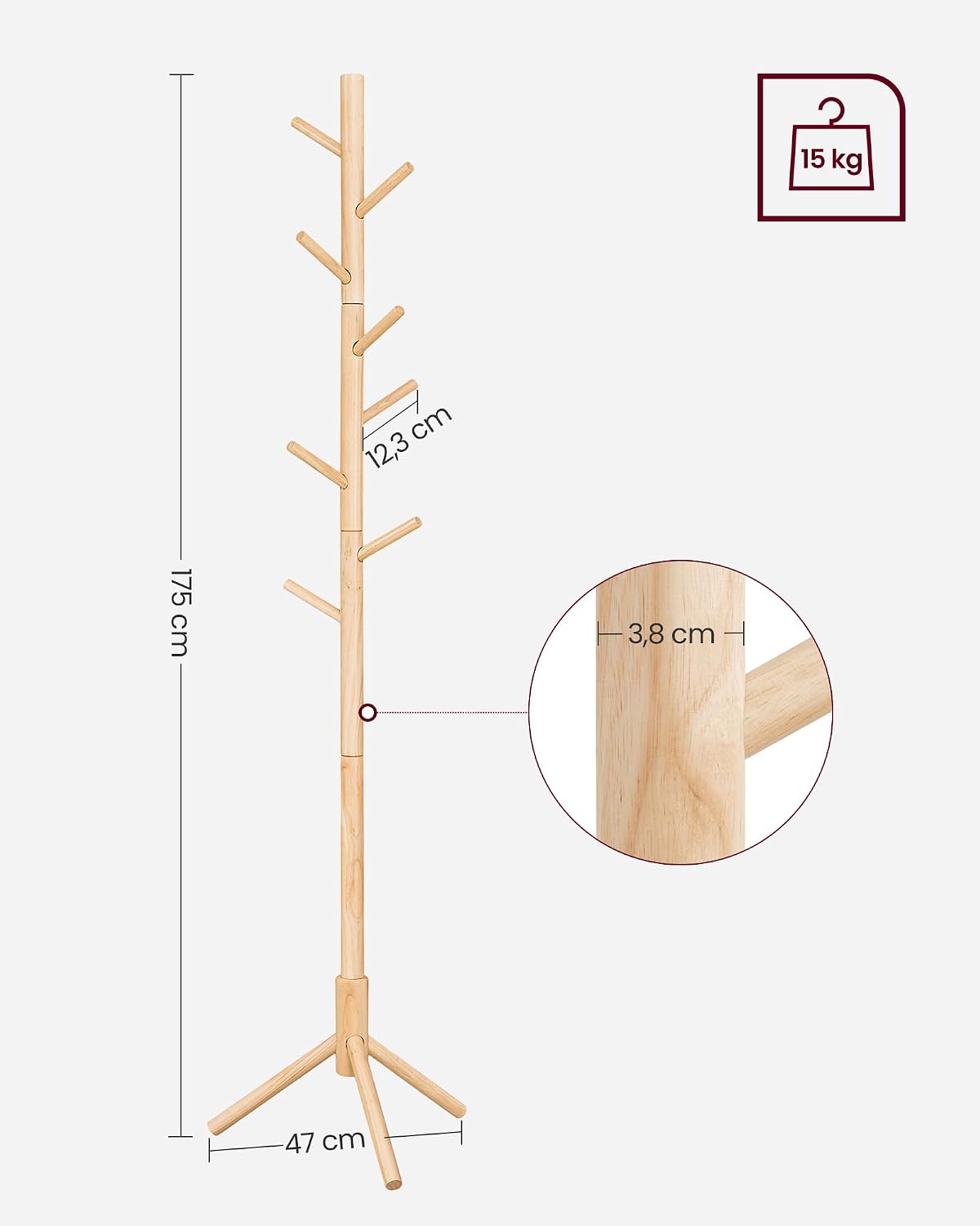 Detalle 1 de VASAGLE RCR004N01 Solid Wood Coat Stand, 8 Hooks, 3 Height Settings