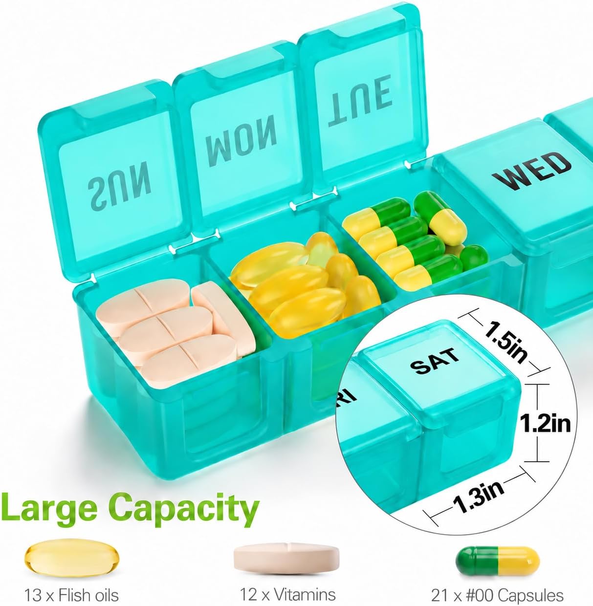 Detalle 2 de BUG HULL 376Z2PCs Weekly Pill Organizer, 2-Pack, Large Blue and Green