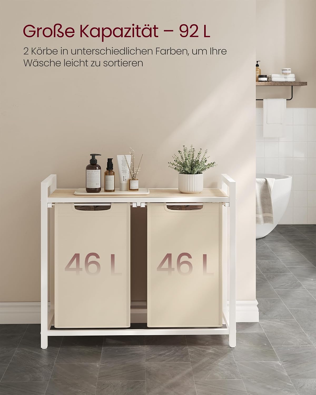 Detalle de VASAGLE Wäschekorb 2 Fächer BLH201LH01 – Wäschesammler mit Ablage und abnehmbarem Wäschesack