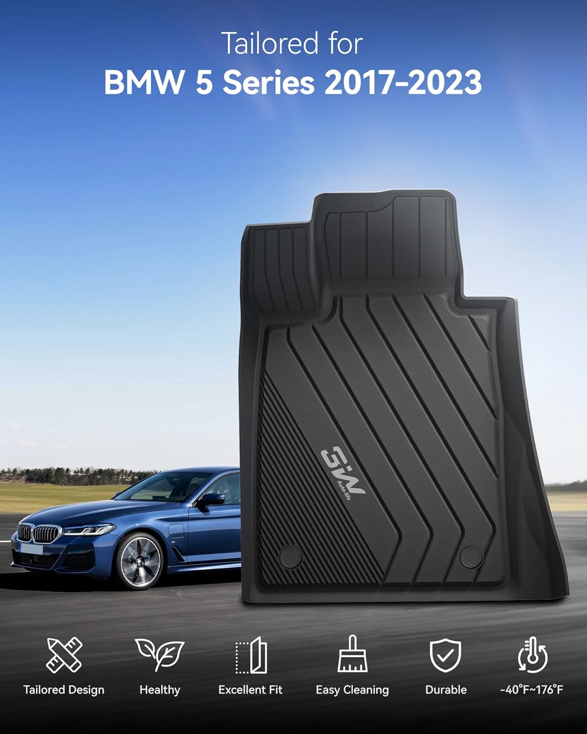 Thumbnail 1 de 3W Custom-Fit TPE Floor Mats for BMW 5 Series G30 (2017–2023) — All-Weather Full Set (Not for GT & 530e)