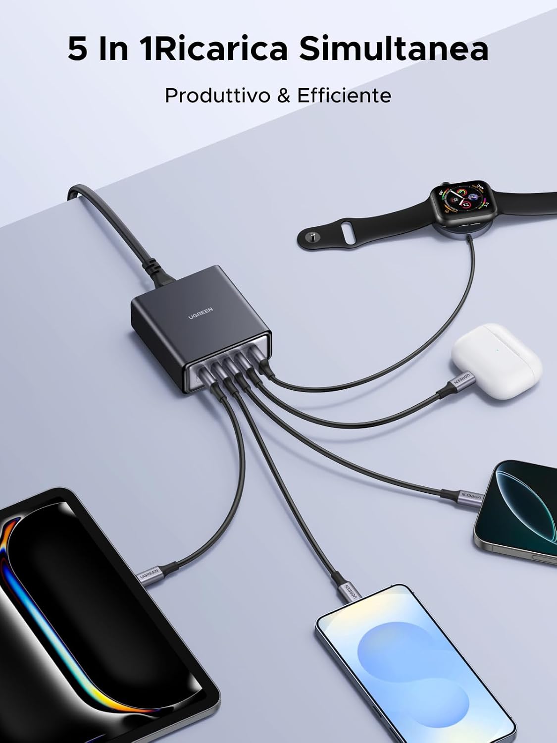 Detalle de UGREEN Zapix Nexode caricatore retrattile USB-C 65W GaN con 3 porte e PPS (fino a 45W) per viaggio e scrivania