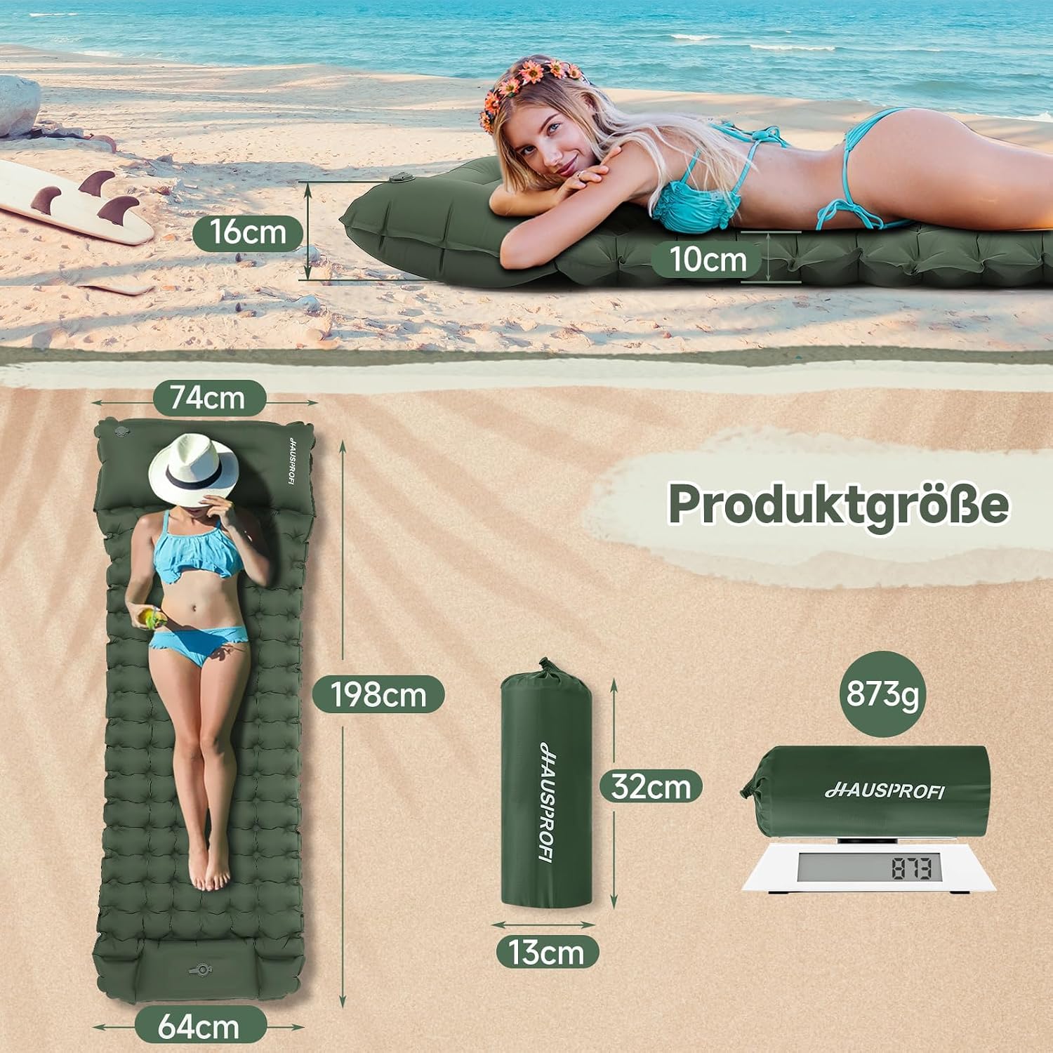 Detalle de HAUSPROFI Isomatte Camping: ultraleichte Luftmatratze mit Fußpumpe & Kissen