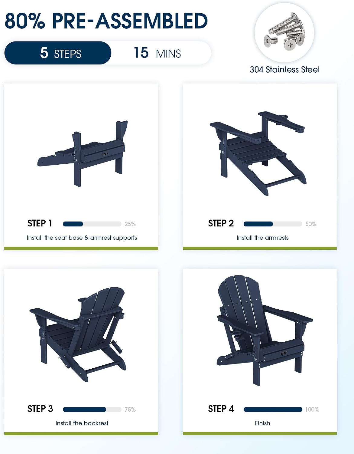 Detalle 1 de MUCHENGHY Folding Adirondack Chair, HDPE, Dark Navy Blue, 380 lb Capacity