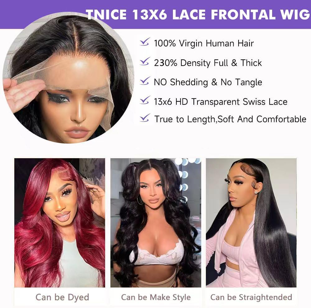 Detalle 1 de TNICE 18 inch Body Wave pruik van mensenhaar met 13x6 lace front