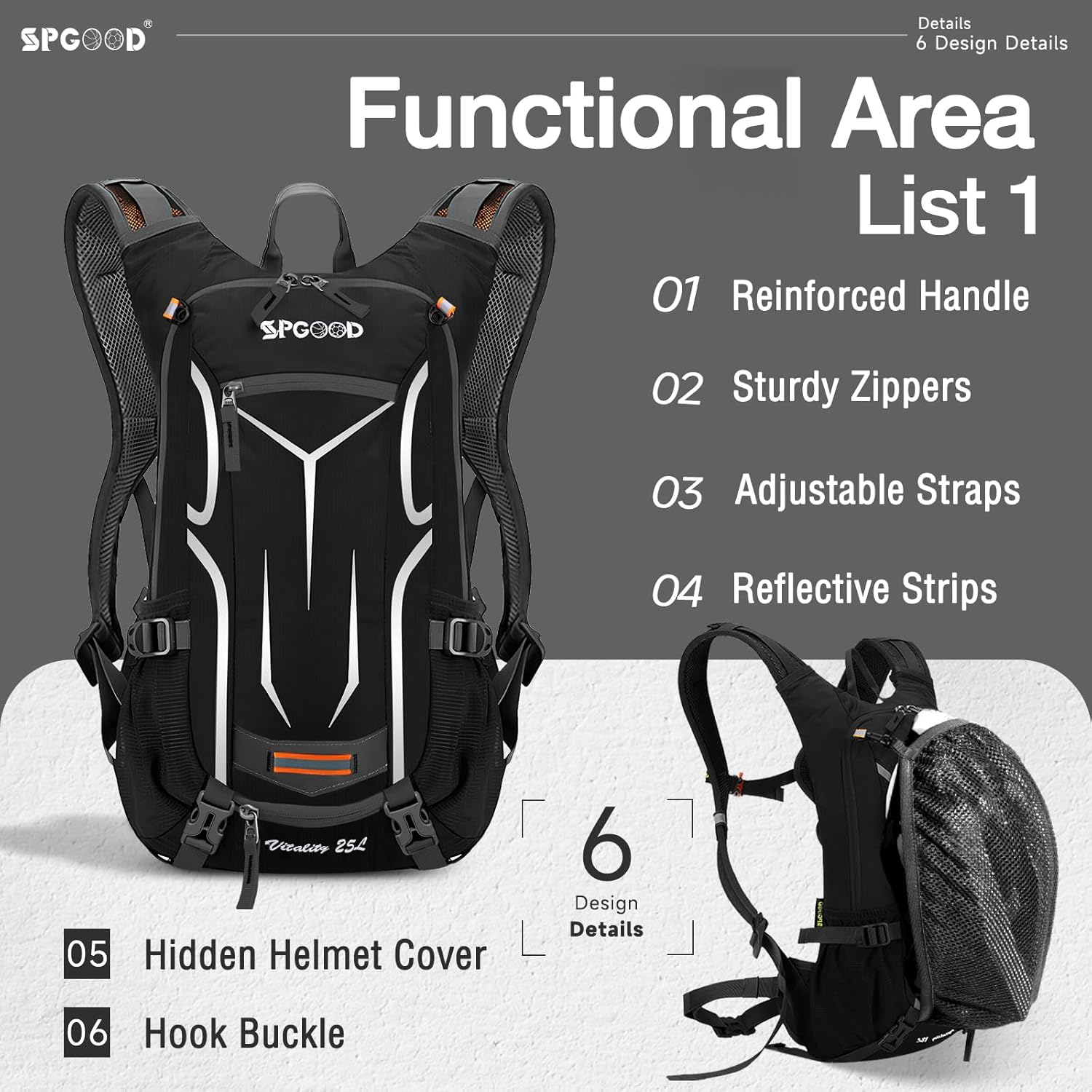 Detalle 2 de SPGOOD Sac À Dos Vélo 25L Gris-Noir