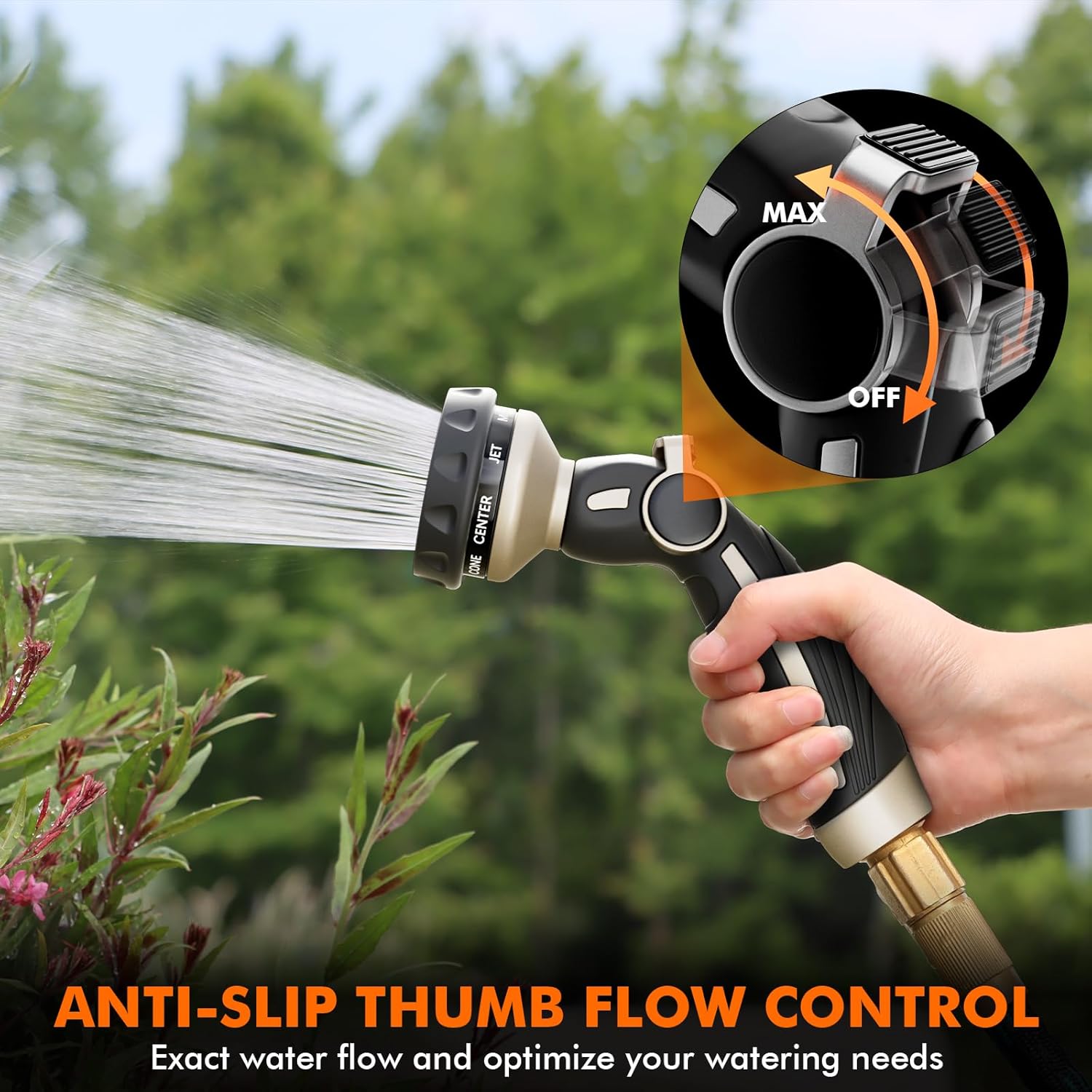 Detalle de RESTMO Heavy Duty Metal Hose Nozzle Sprayer with Thumb Control and 9 Spray Patterns