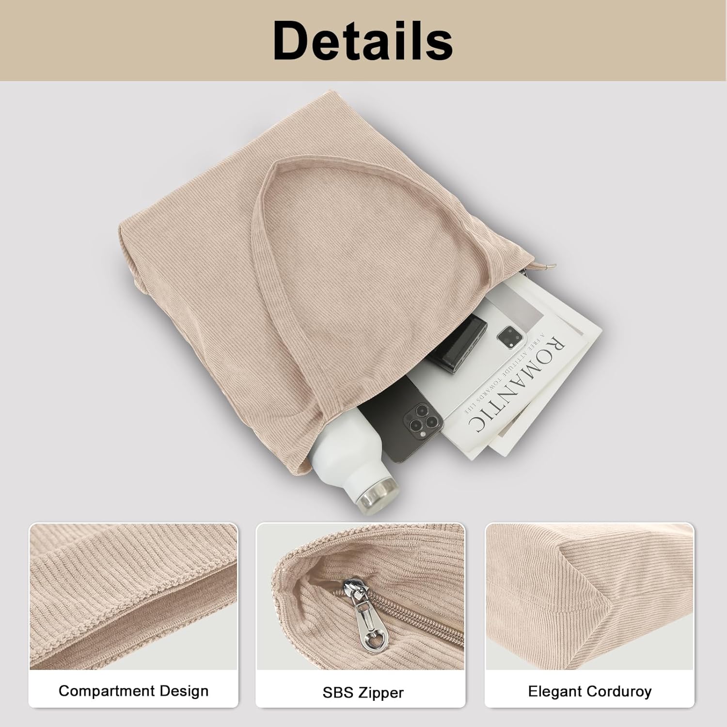 Detalle de CNMTCCO Cord Tasche Damen Umhängetasche: Große Shopper-Tote mit Reißverschluss aus Cord, Alltagstauglich und vielseitig