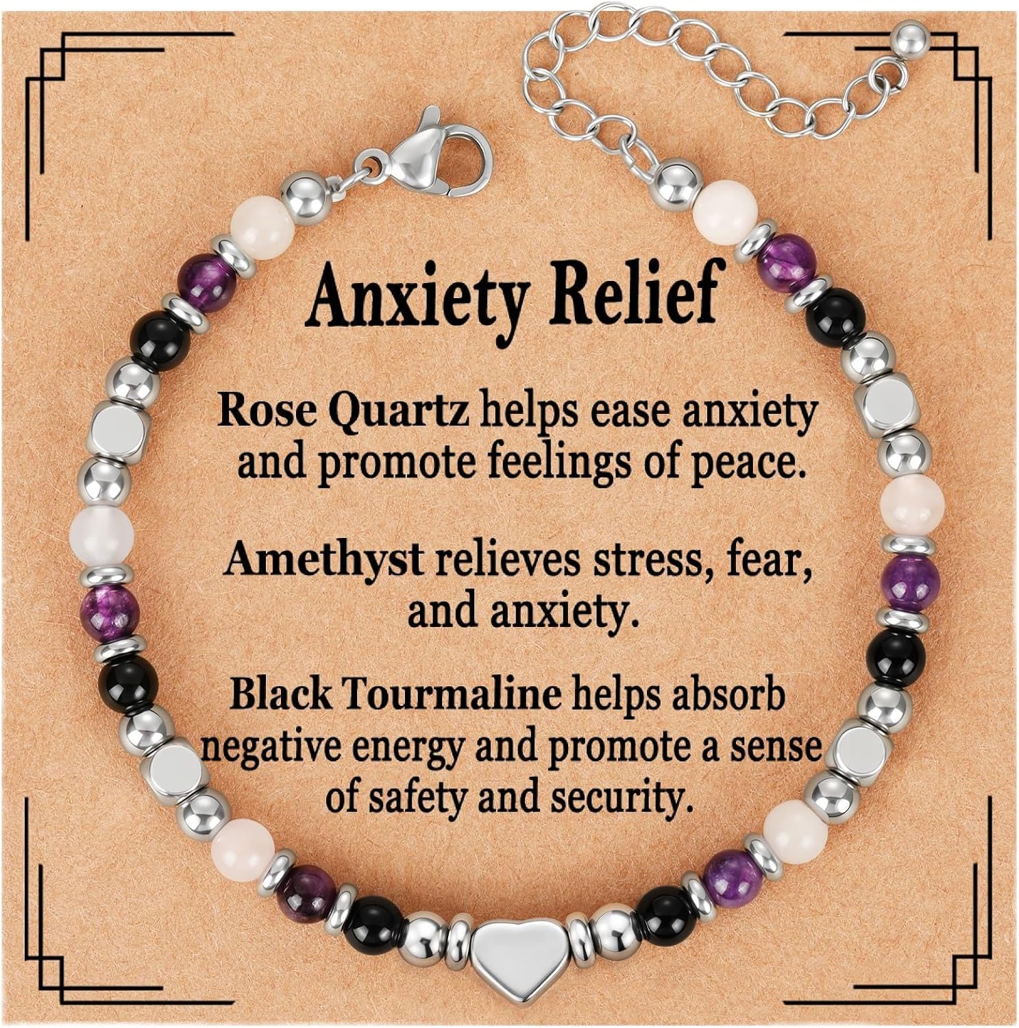 Detalle de ESPVO Crystals Anxiety Bracelet for Women – Amethyst, Black Tourmaline & Rose Quartz Natural Stones
