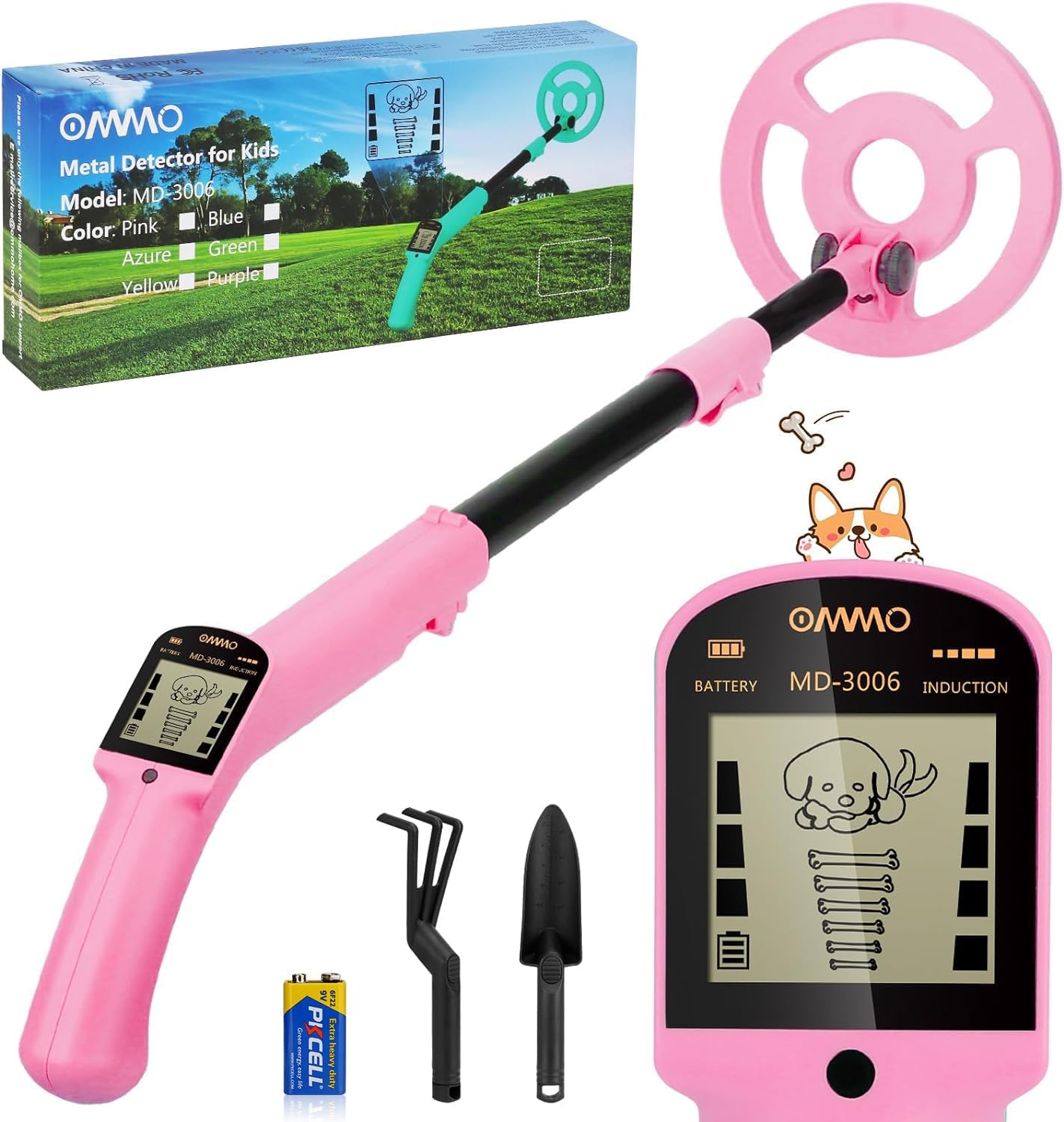 Detalle de OMMO MD-3006 kindermetaaldetector, roze, verstelbare steel en waterdichte spoel