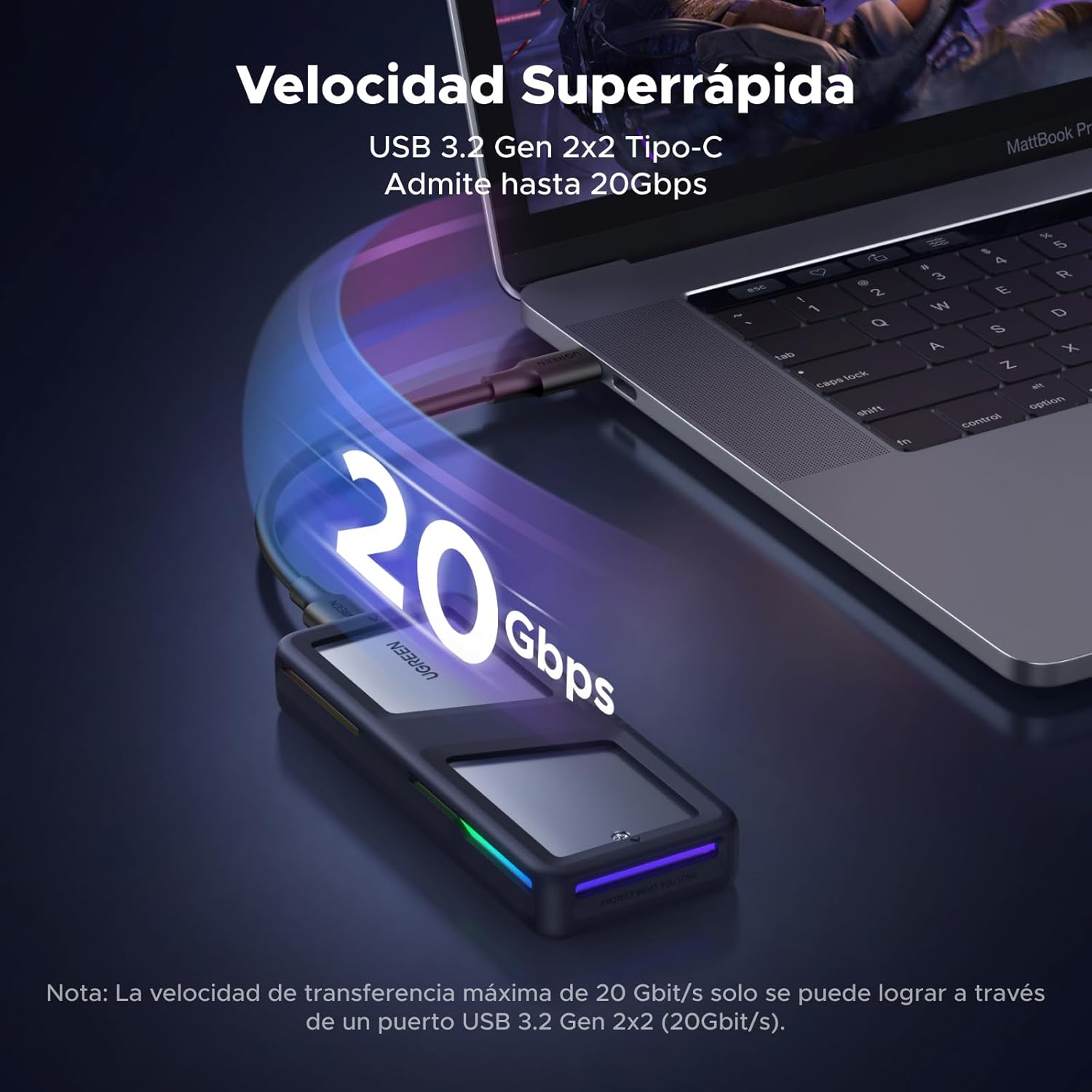 Detalle 2 de UGREEN Carcasa SSD NVMe M.2 RGB 20Gbps USB 3.2