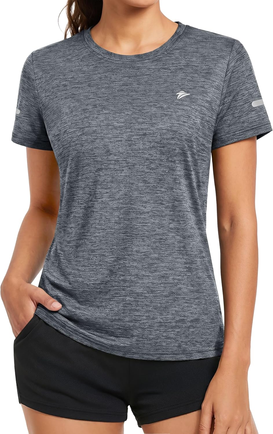 Detalle de KEFITEVD Melange Sportshirt Damen Kurzarm mit Reflexstreifen – atmungsaktiv, schnelltrocknend, Regular Fit