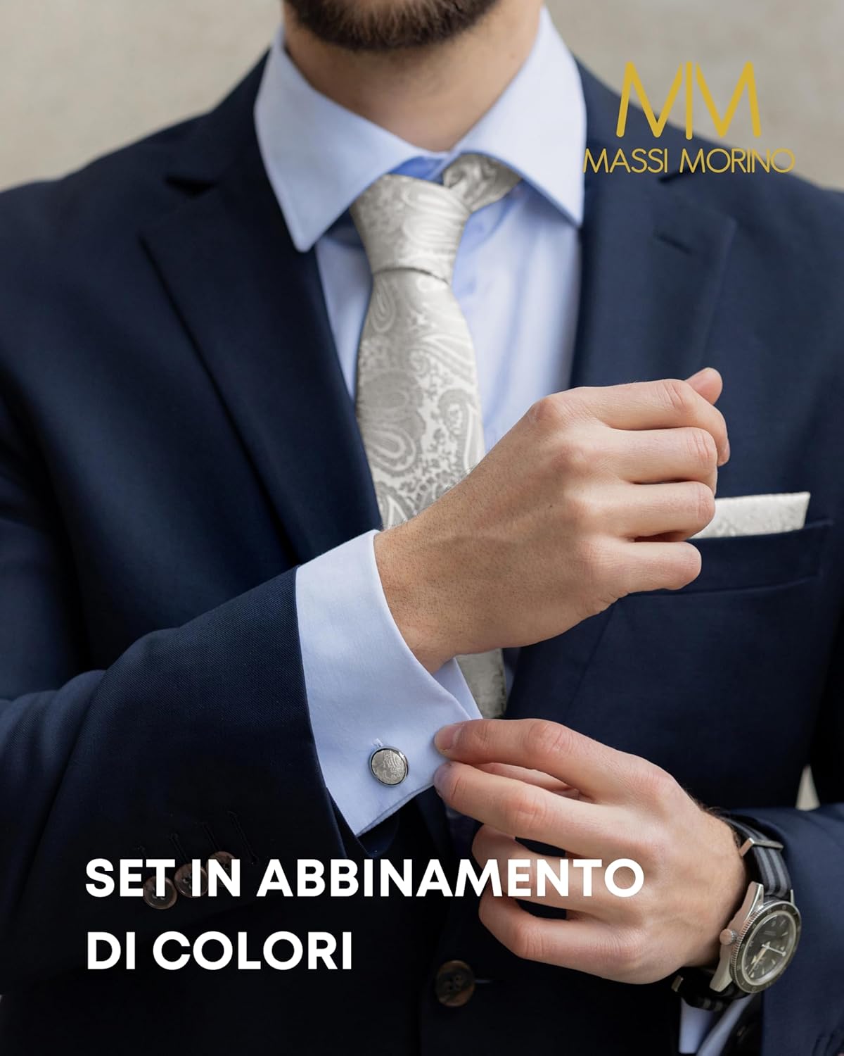 Thumbnail 2 de Massi Morino set cravatta, fazzoletto, gemelli e fermacravatta con guida per nodo Windsor (con confezione regalo)