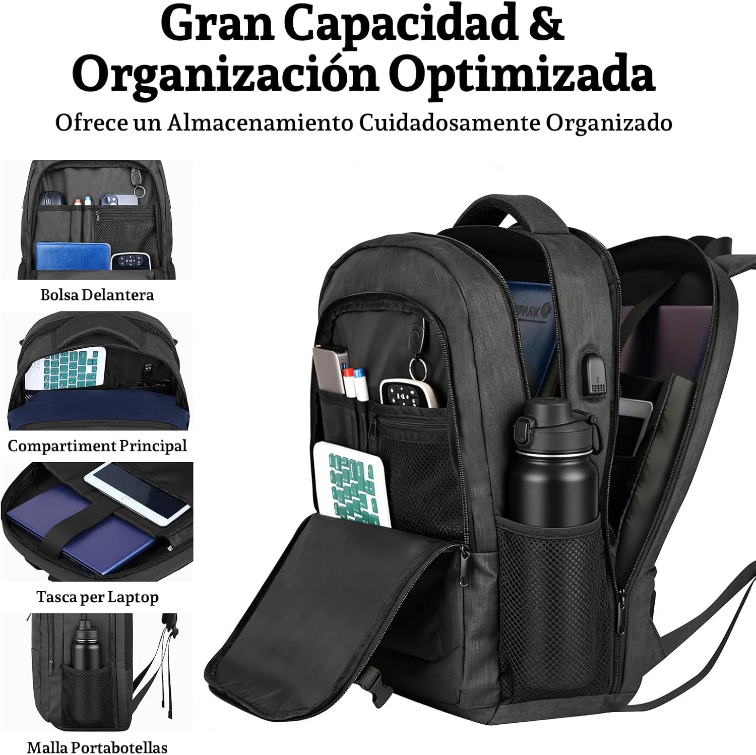 Detalle de ANNMOR Mochila portátil 15,6–17,3" con puerto USB y apertura 180° tipo maleta, negro
