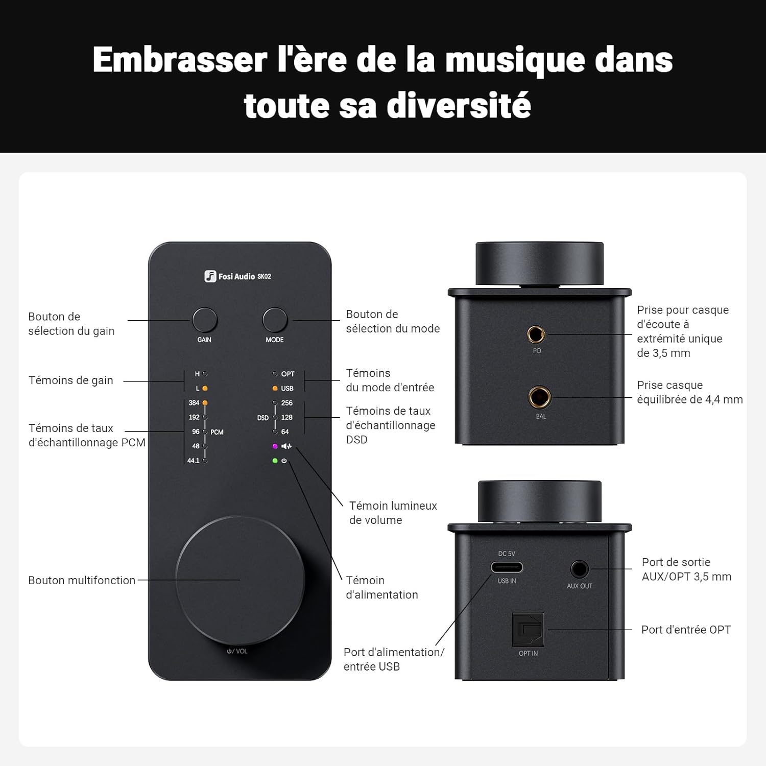 Thumbnail 6 de Fosi Audio SK02 DAC USB-C vers AUX : convertisseur audio numérique/analogique et amplificateur casque 4,4 mm + 3,5 mm