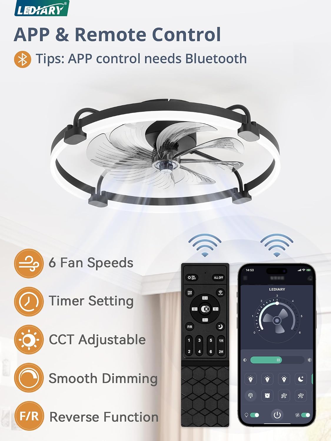 Detalle 2 de LEDIARY LM24 24-Inch Low-Profile Ceiling Fan with Light, Black, 6 Speeds