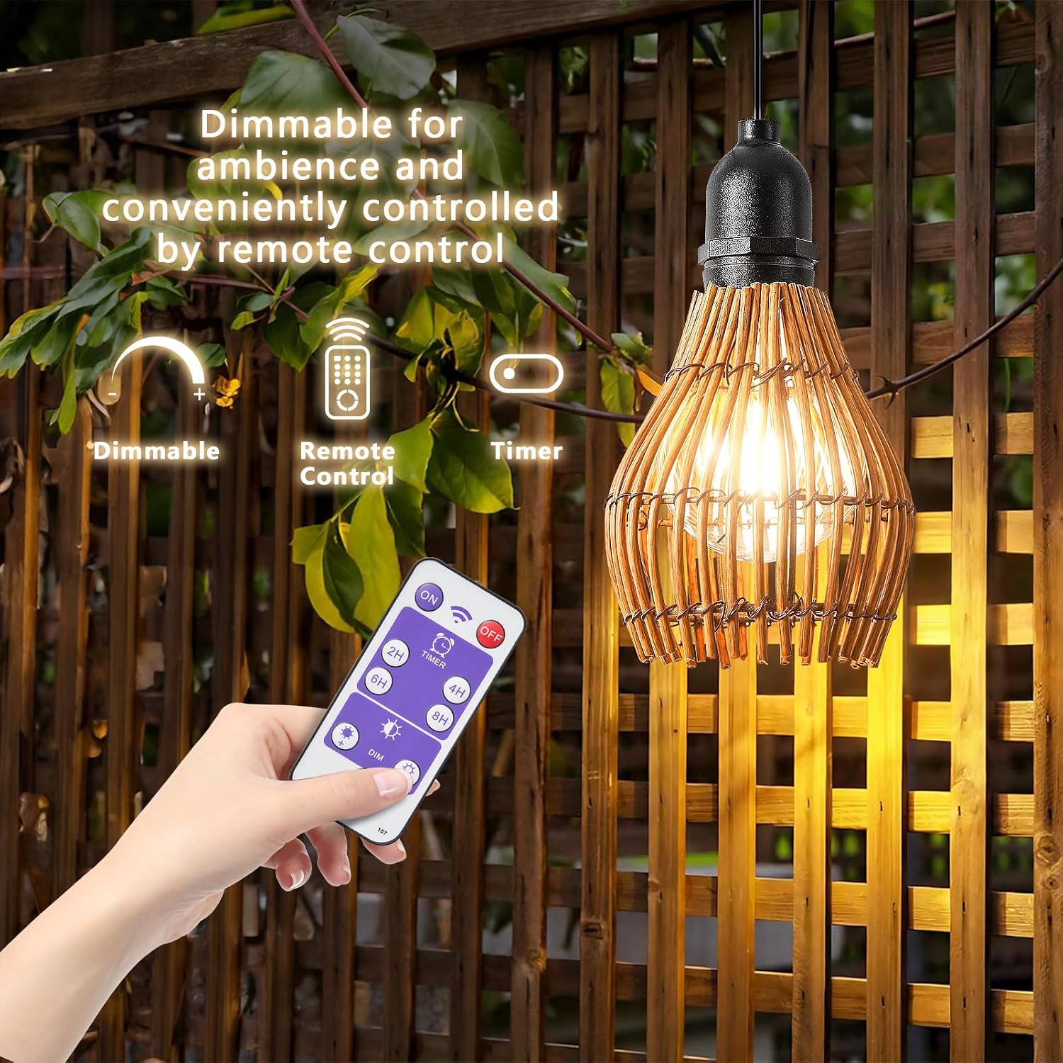Detalle de SUCIKORIO 3-Pack Outdoor Rattan Pendant Lights, Dimmable, Battery-Powered