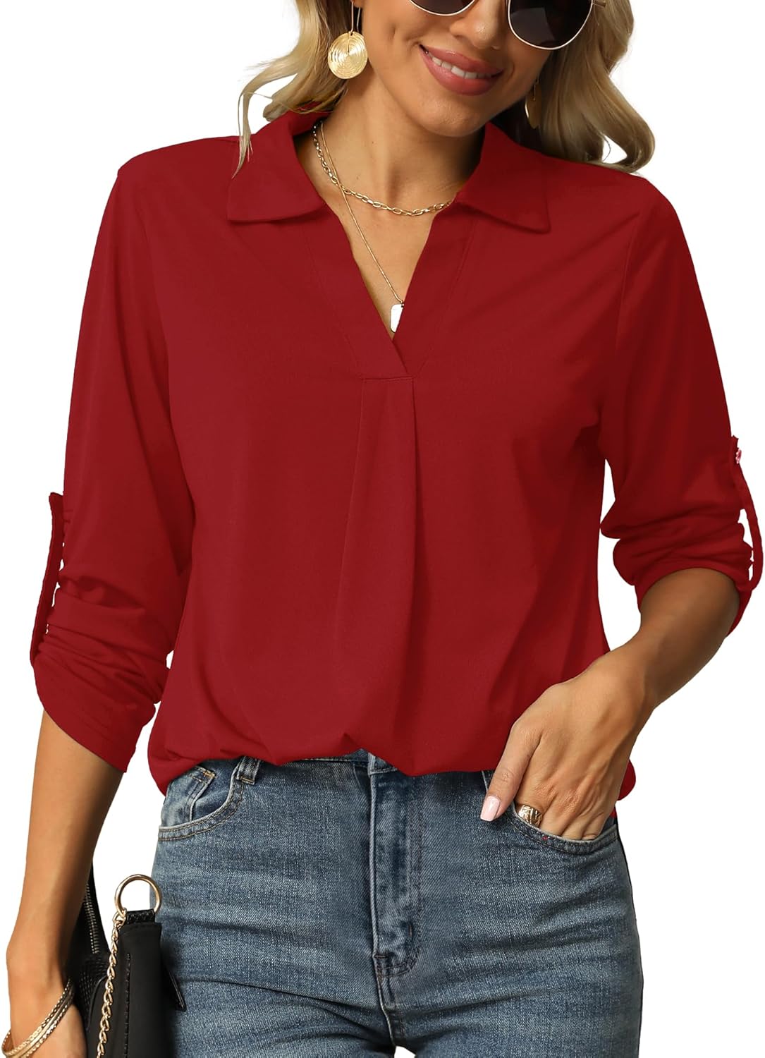 Thumbnail 6 de Odosalii Damen Bluse V-Ausschnitt Hemd Elegant – 3/4 Ärmel, Tunika Longshirt
