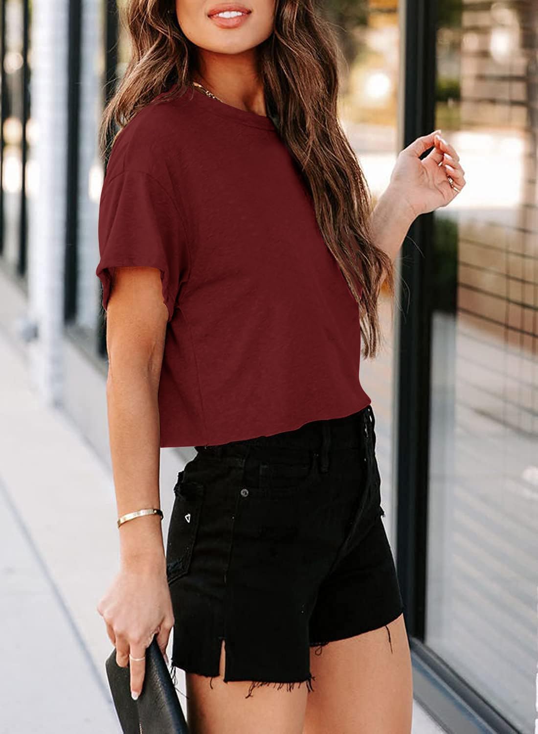 Detalle 2 de Tankaneo Women Short Sleeve Cropped T-Shirts Crew Neck Loose Crop Tops – Summer Casual Essential