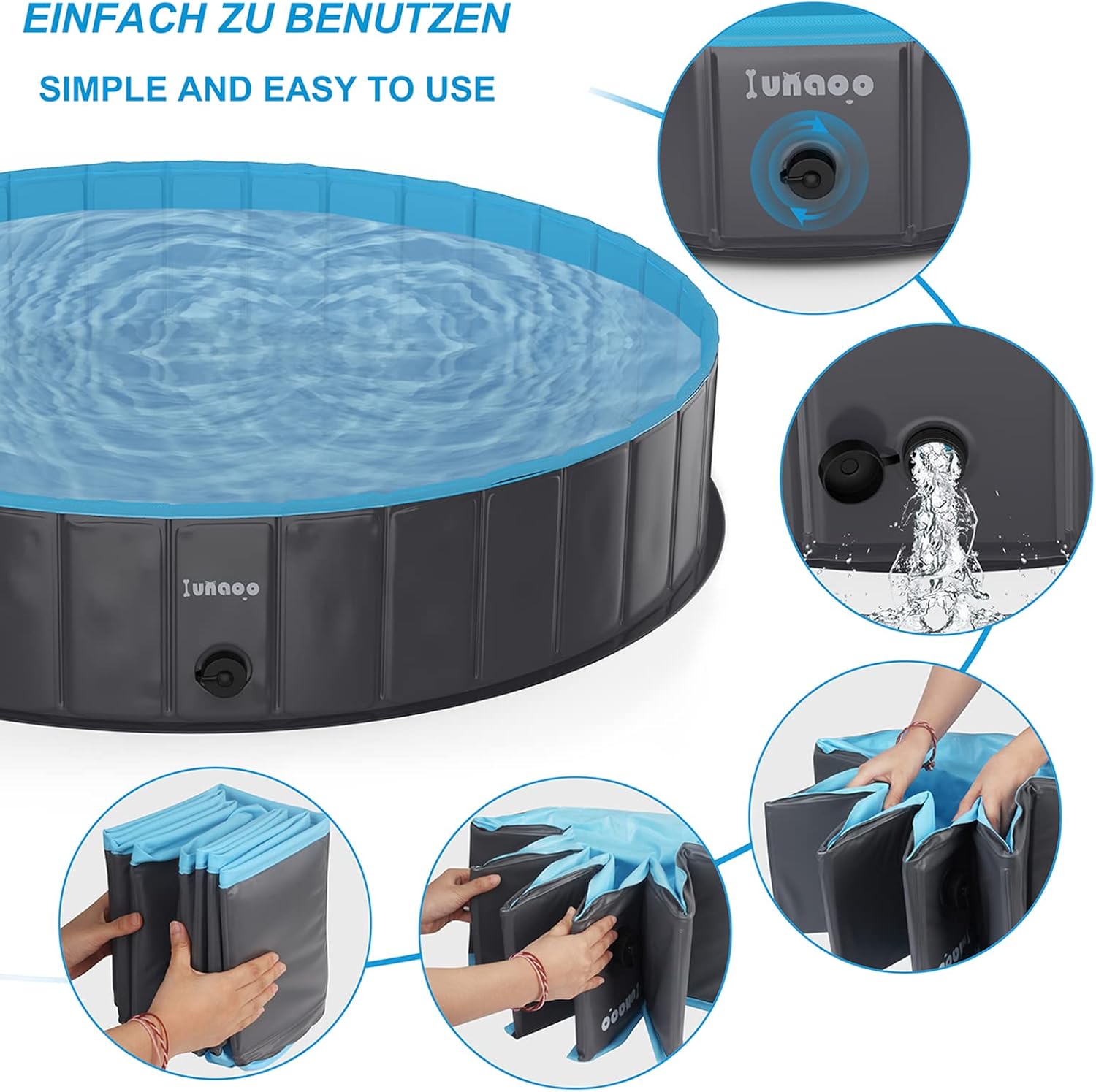 Detalle 1 de lunaoo Piscina per Cani Grandi Piegevole e Portatile, azzurro chiaro 160 x 30 cm