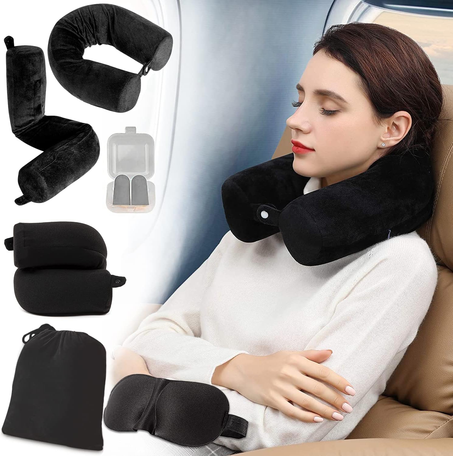 Detalle de EPROICKS Reisekissen für Flugzeug mit biegbarem Nackenhörnchen (Memory Foam), Schwarz