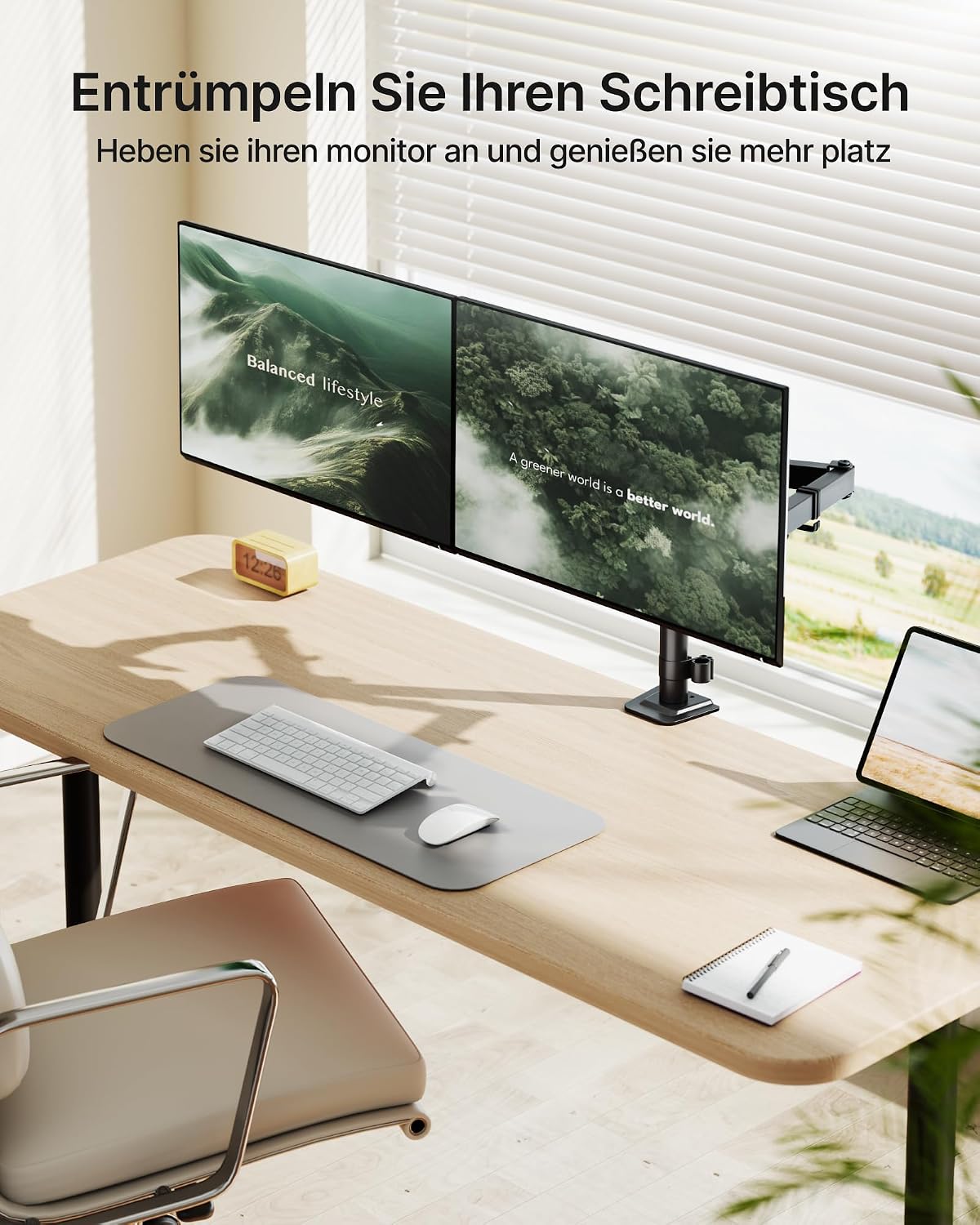 Detalle 2 de monTEK Monitor-Halterung 2 Monitore für 17–32 Zoll – höhenverstellbarer Dual-Arm mit VESA 75×75/100×100