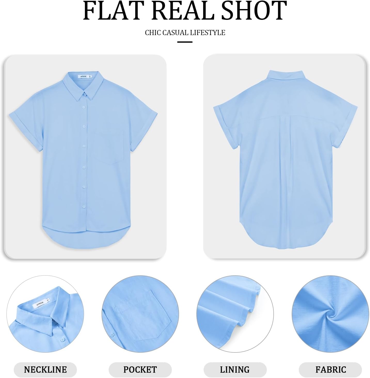 Detalle 2 de Friptspyg Femme – blouse chemise en coton à manches courtes, col en V et poche, look casual et polyvalent