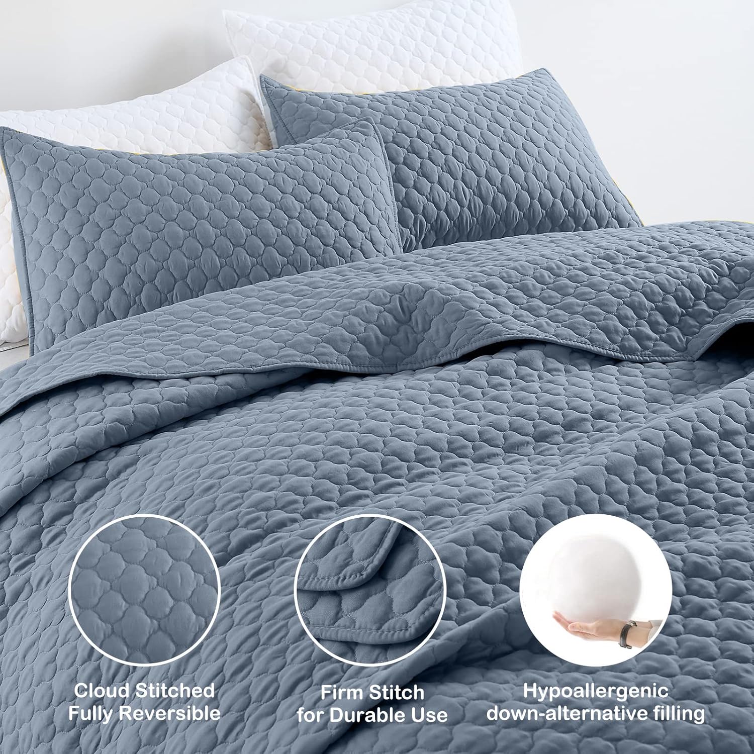 Thumbnail 2 de HORIMOTE HOME Quilt Queen Size Dusty Blue – Lightweight, Modern Cloud Pattern 3-Piece Bedspread Set