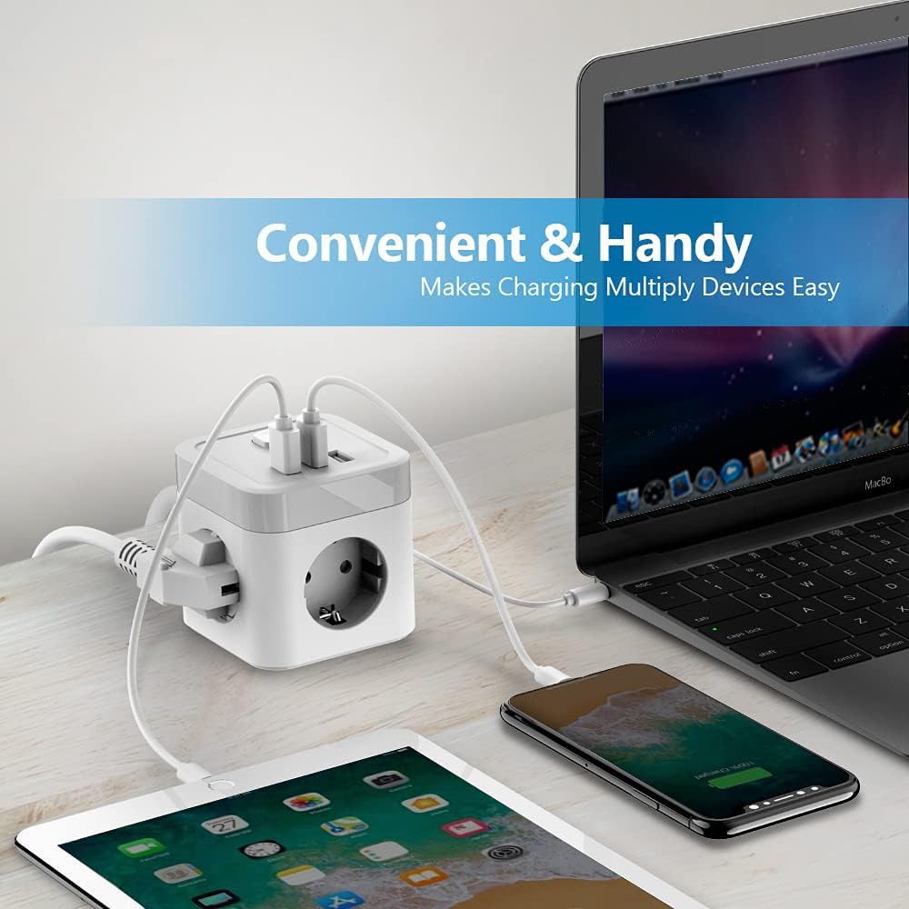 Thumbnail 6 de JSVER Multipresa Cubo USB 3 prese Schuko + 3 USB (3680 W, 16 A) con interruttore, cavo 1,5 m – compatta e sicura per casa, ufficio e viaggio