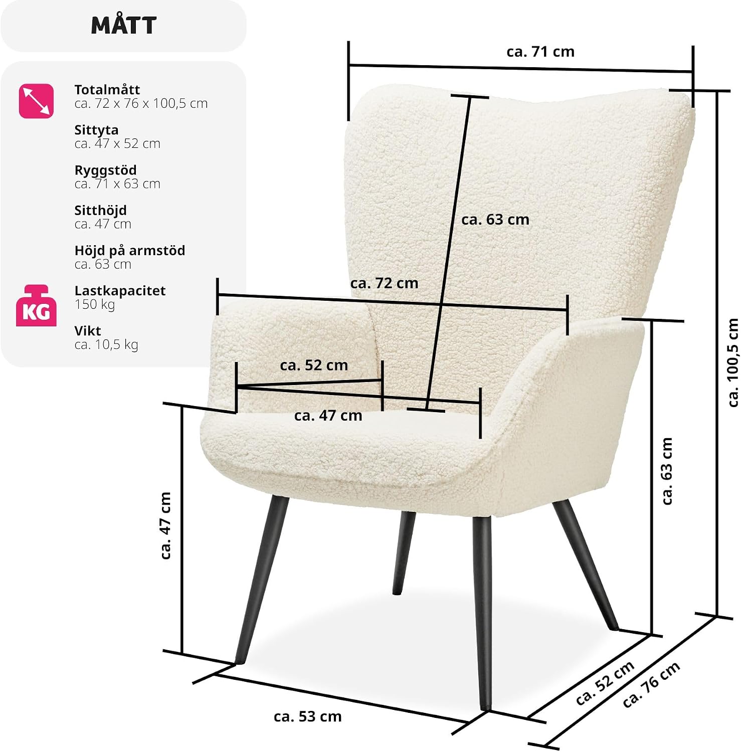 Detalle 2 de tectake Hygge 405057 fåtölj i bouclé med ergonomiskt ryggstöd och svarta stålben