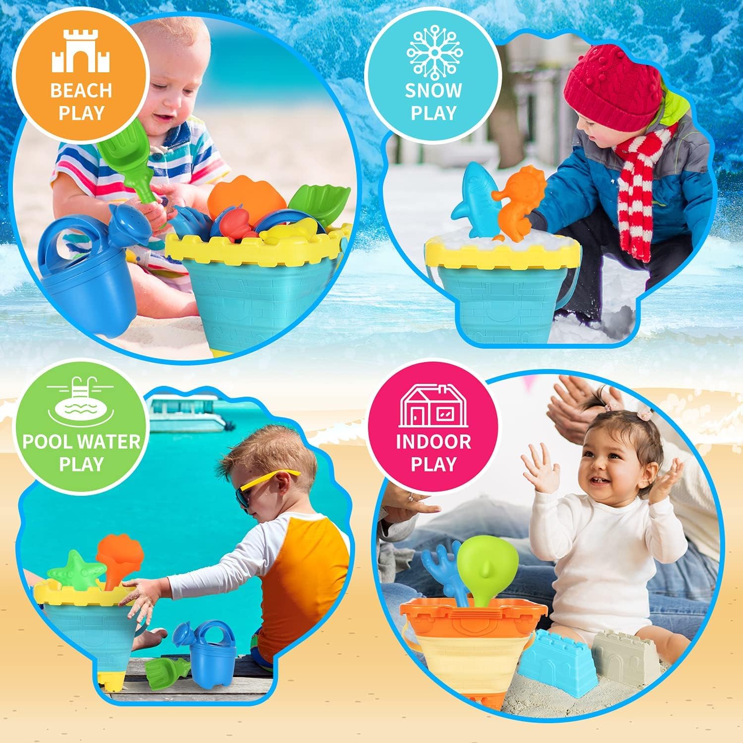 Thumbnail 3 de Elovien Beach Sand Toys 24Pcs: Durable, Foldable Buckets and All-in-One Sand Play Kit