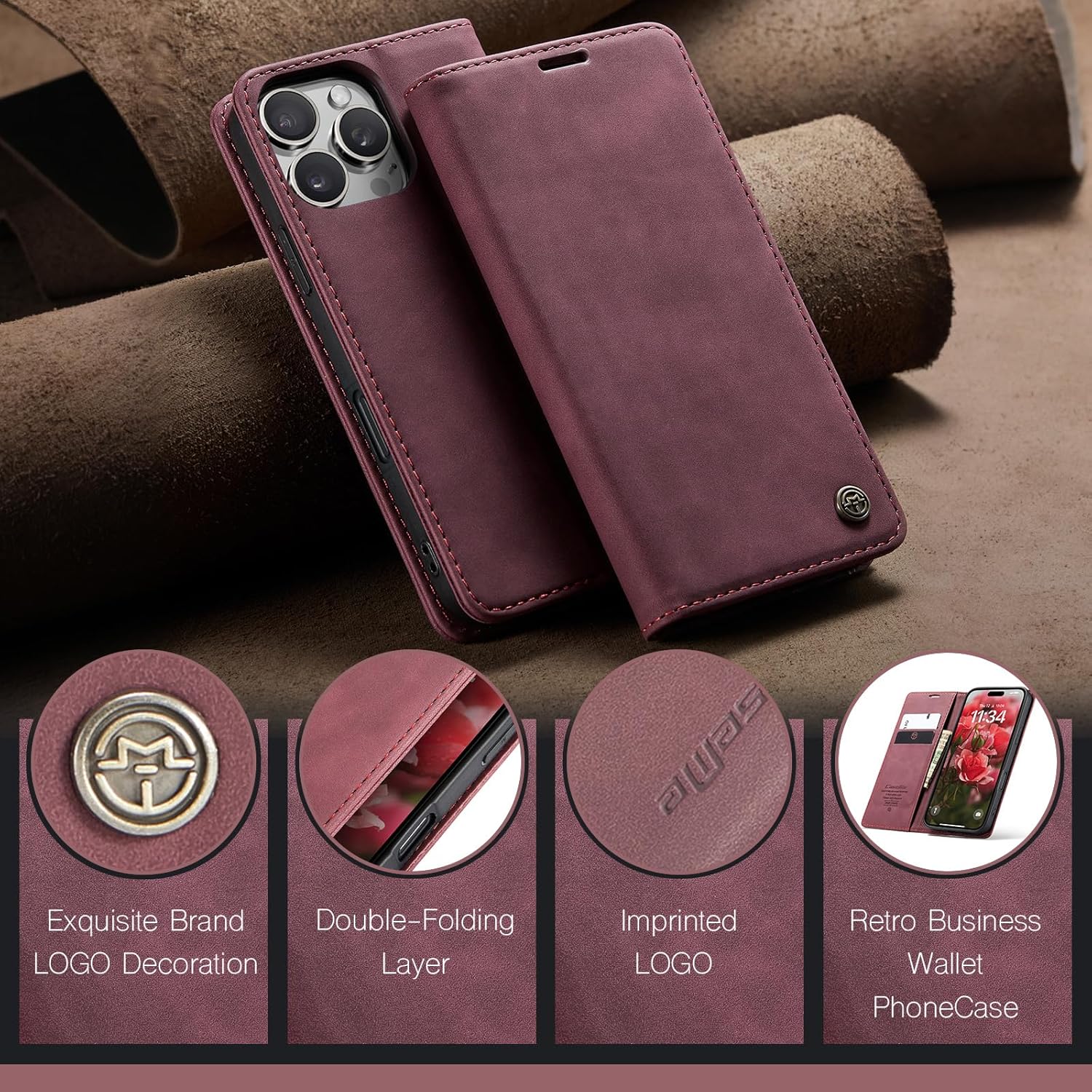 Thumbnail 2 de Monweicz Premium Leder Flip Case für iPhone 16 Pro Max – Weinrot