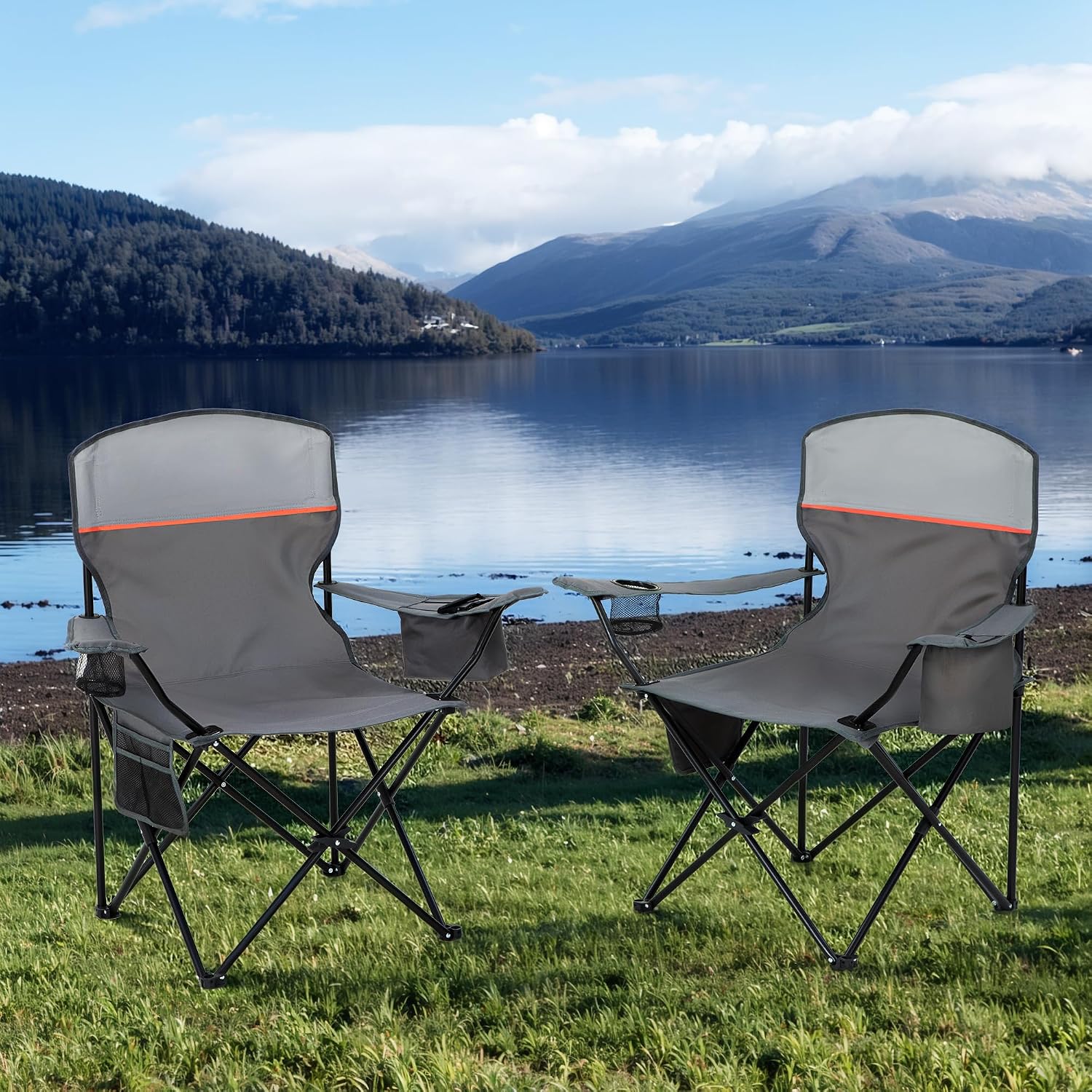 Detalle 2 de HIGH POINT SPORTS Campingstuhl faltbar im 2er-Set bis 102 kg – mit Getränkehaltern, Armlehnen & Seitentasche