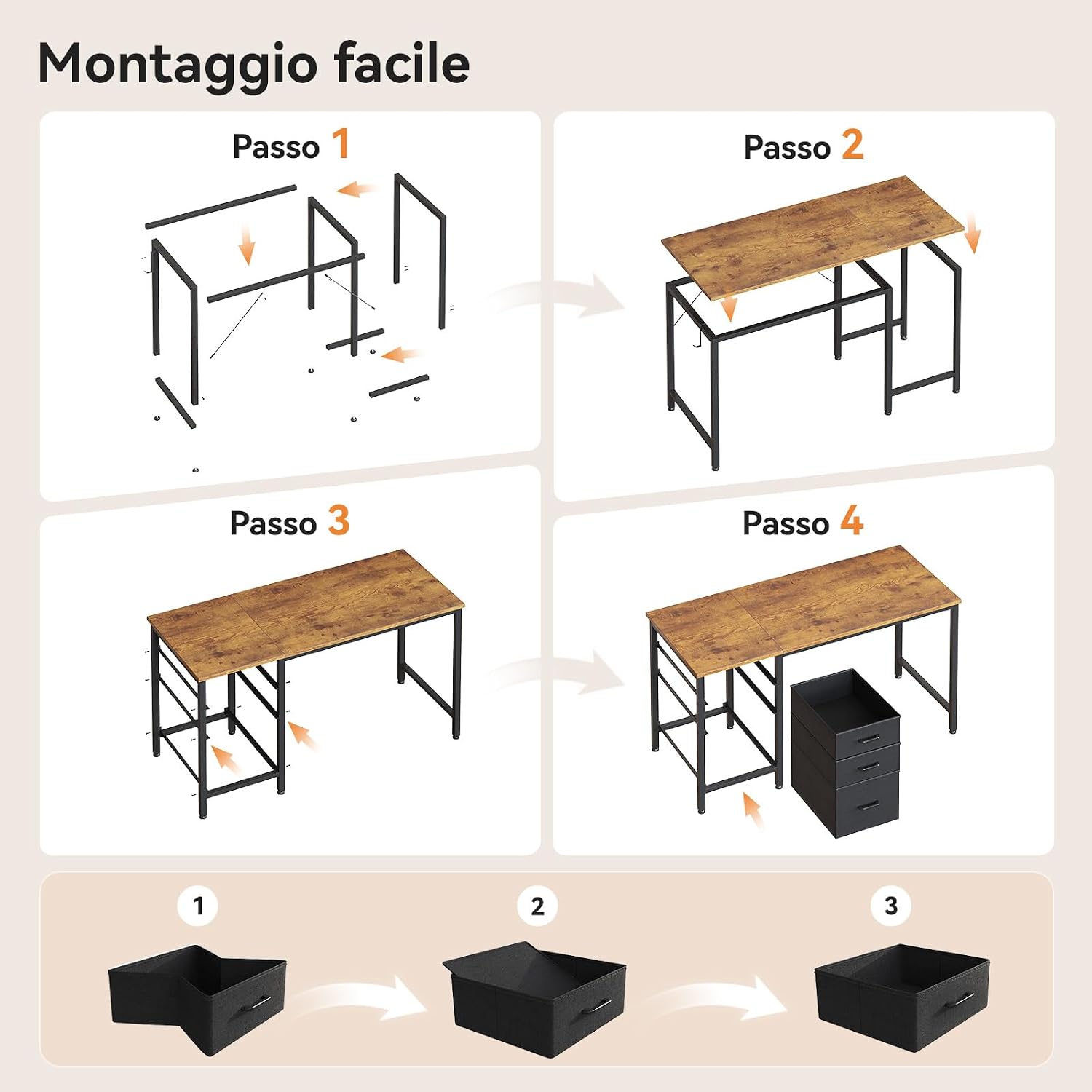 Thumbnail 6 de Coleshome Scrivania con 3 Cassetti in Tessuto, 120x48cm – Scrivania salvaspazio reversibile per ufficio domestico