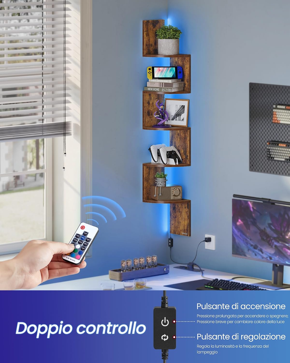 Detalle 2 de VASAGLE LBC630K01 Mensola angolare da parete con luci LED RGB, 5 ripiani e telecomando