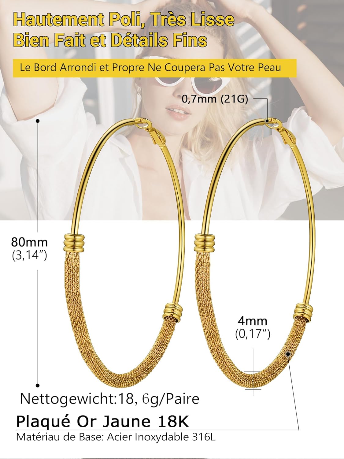 Thumbnail 5 de PROSTEEL Créoles Acier Inoxydable 316L avec Maillons – Diamètre 80 mm, plaqué or 18k ou noir