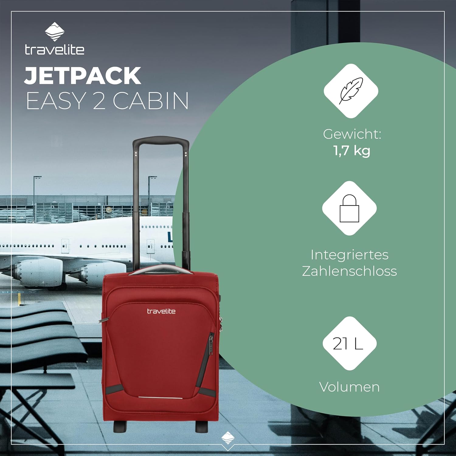 Detalle de Travelite Jetpack Handgepäck Koffer 40x30x20 cm – leichtes Weichgepäck für Bordgepäck