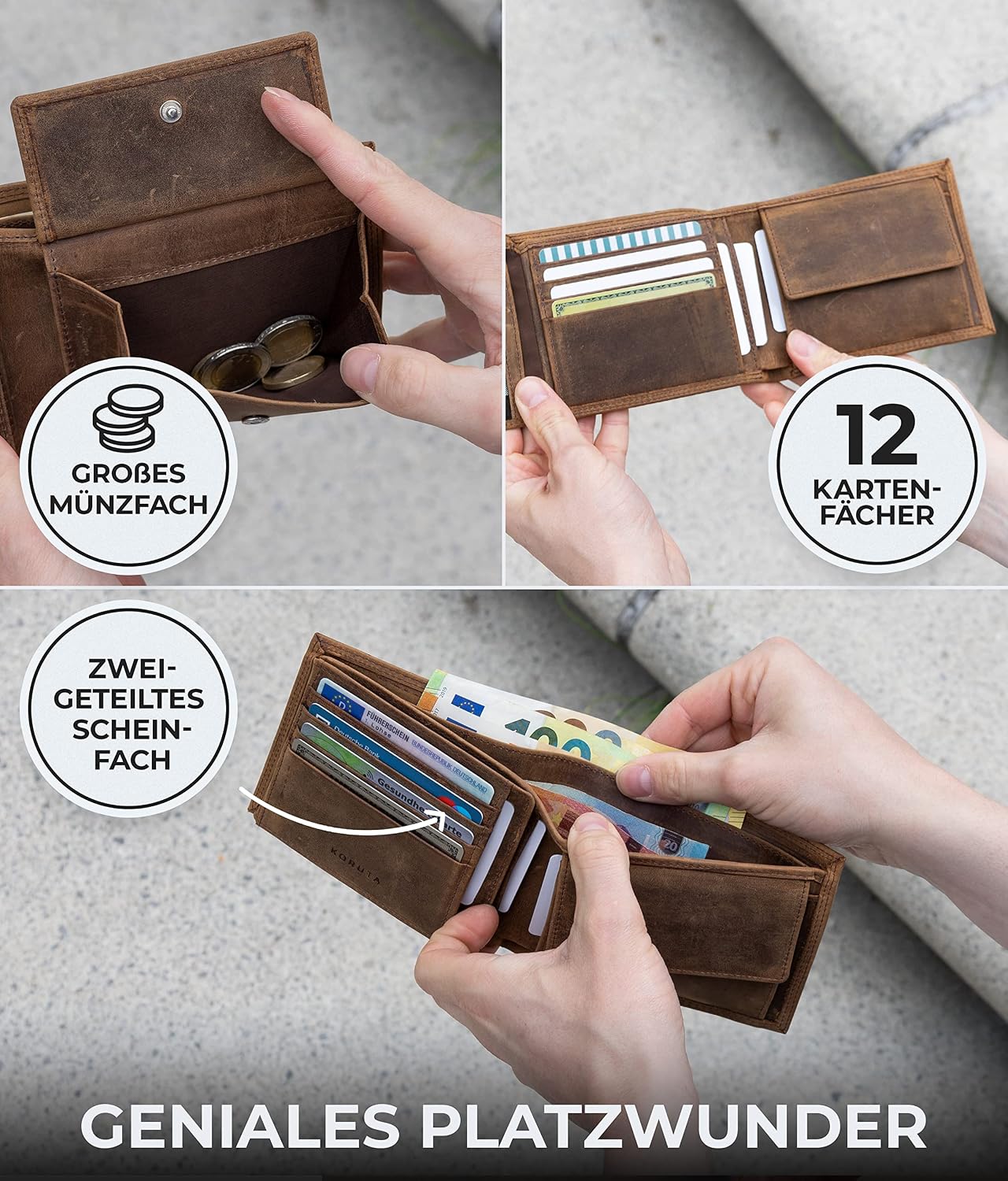 Detalle de KORUTA Herren-Geldbörse aus Leder (braun) mit RFID-Schutz und 13 Fächern – großes Portemonnaie im Querformat