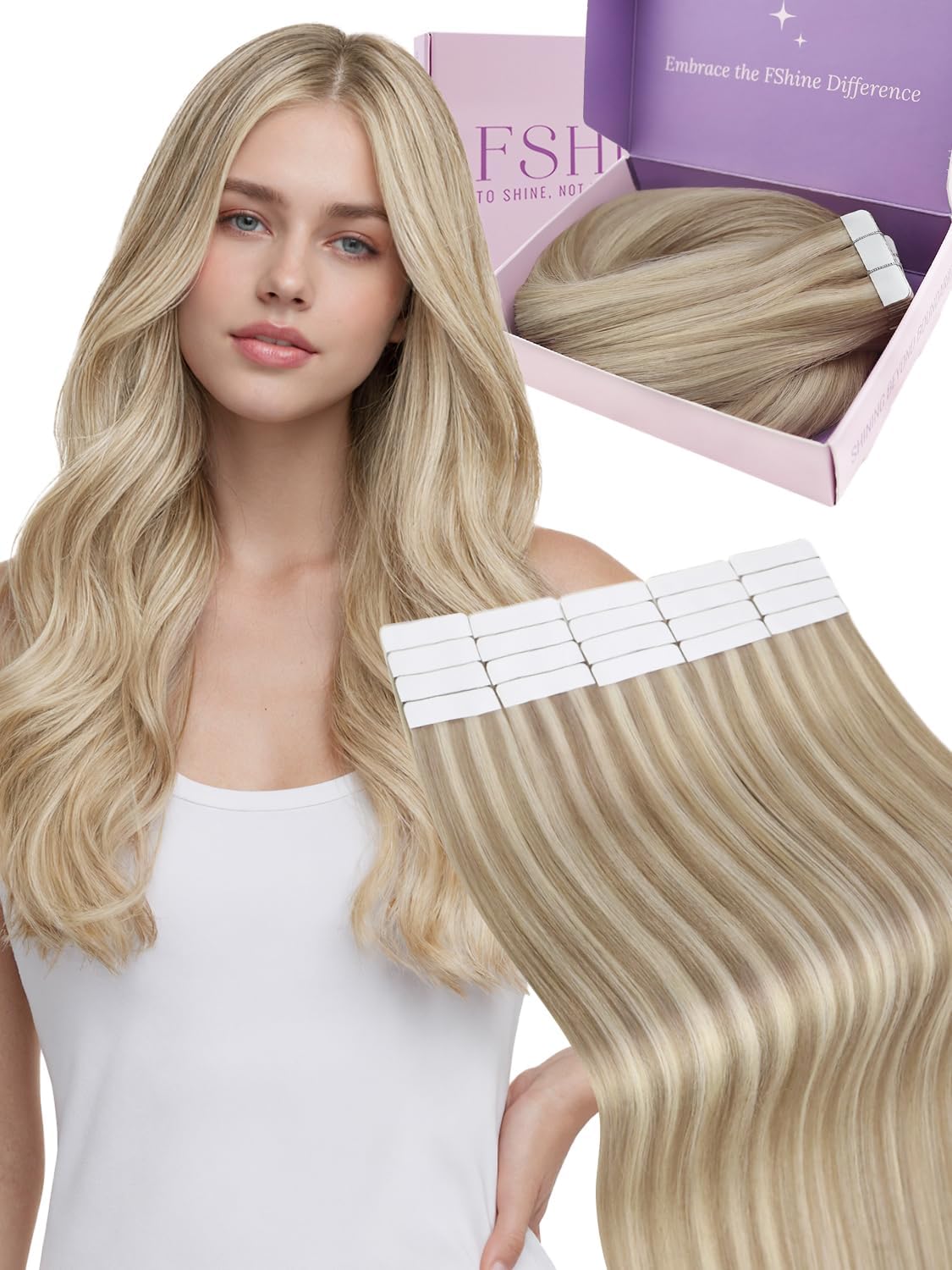 Detalle de Fshine Extension Biadesive Capelli Veri Highlight Biondo Cenere con Biondo Candido – 45 cm, 50 g, 20 pezzi