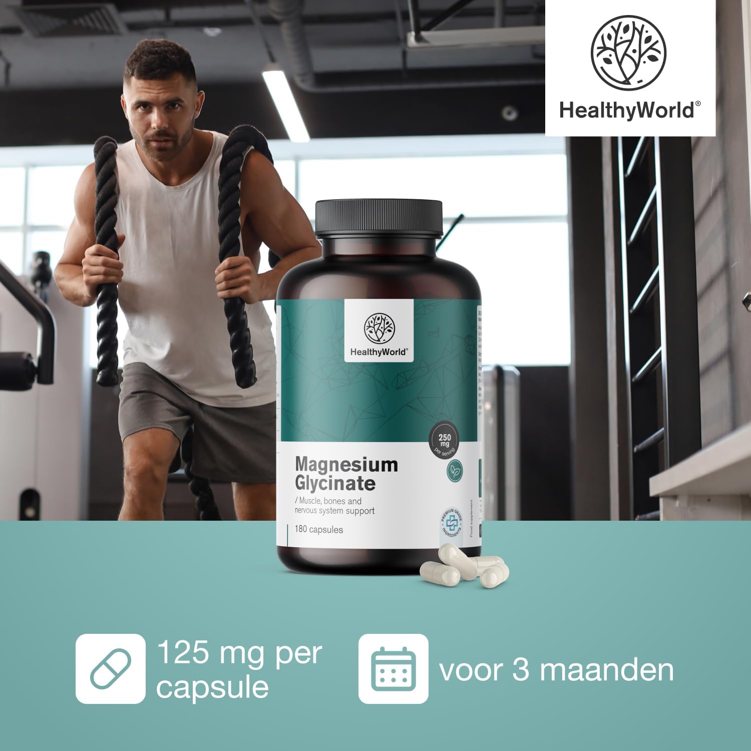 Detalle 2 de HealthyWorld Magnesiumglycinaat, 180 plantaardige capsules met 125 mg magnesium