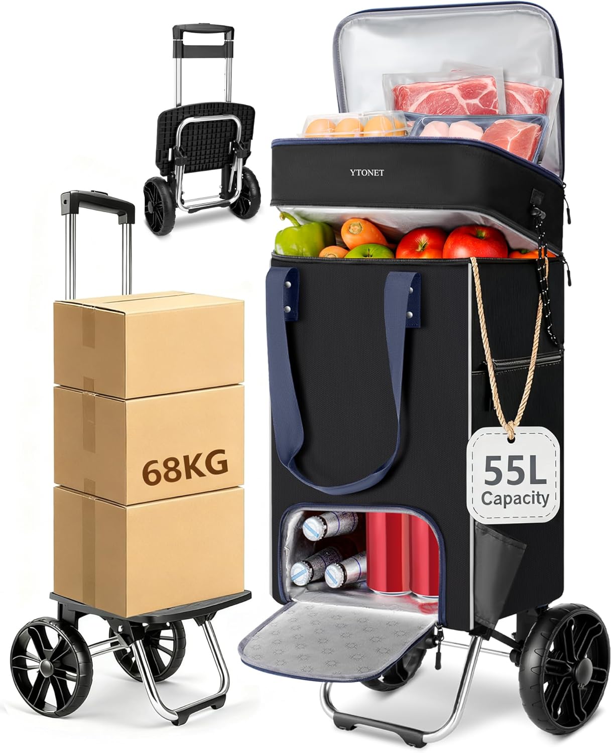 Detalle de Ytonet Einkaufstrolley klappbar mit Kühlfach (3 Fächer, 55 Liter, bis 68 kg) – Shopping Trolley & Tasche, schwarz