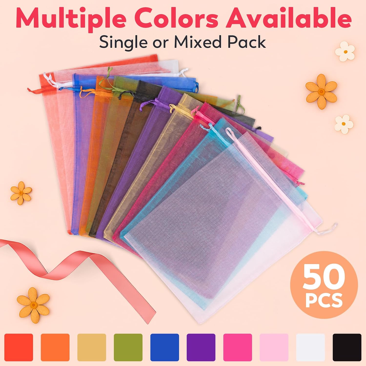 Thumbnail 2 de Crweety White Organza Bags 6x9 Inches (50 Pcs) – Large Mesh Gift Bags with Drawstring for Wedding Favors and More