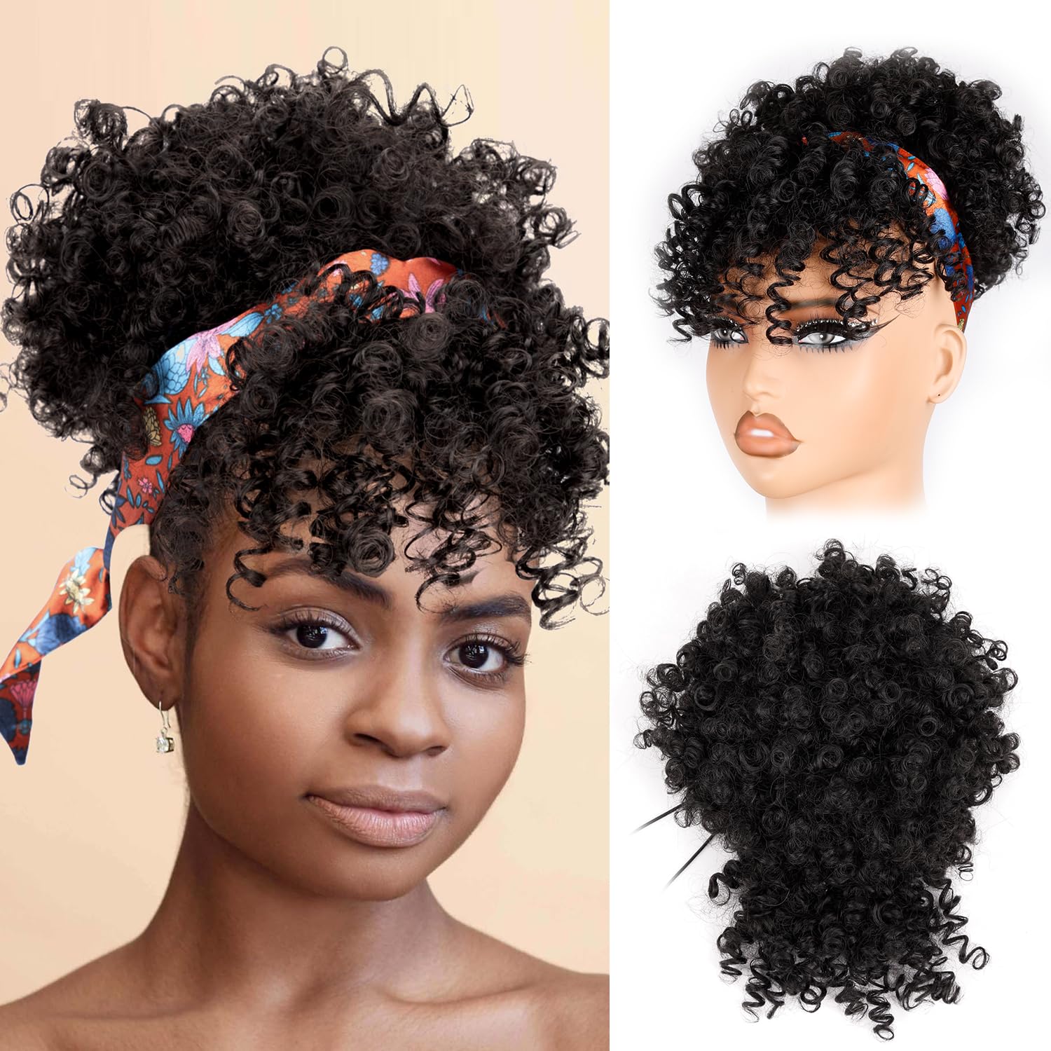 Detalle 2 de builson Drawstring Ponytail for Black Women (Afro Puff Kinky Curly, with Bangs) 1B Natural Black